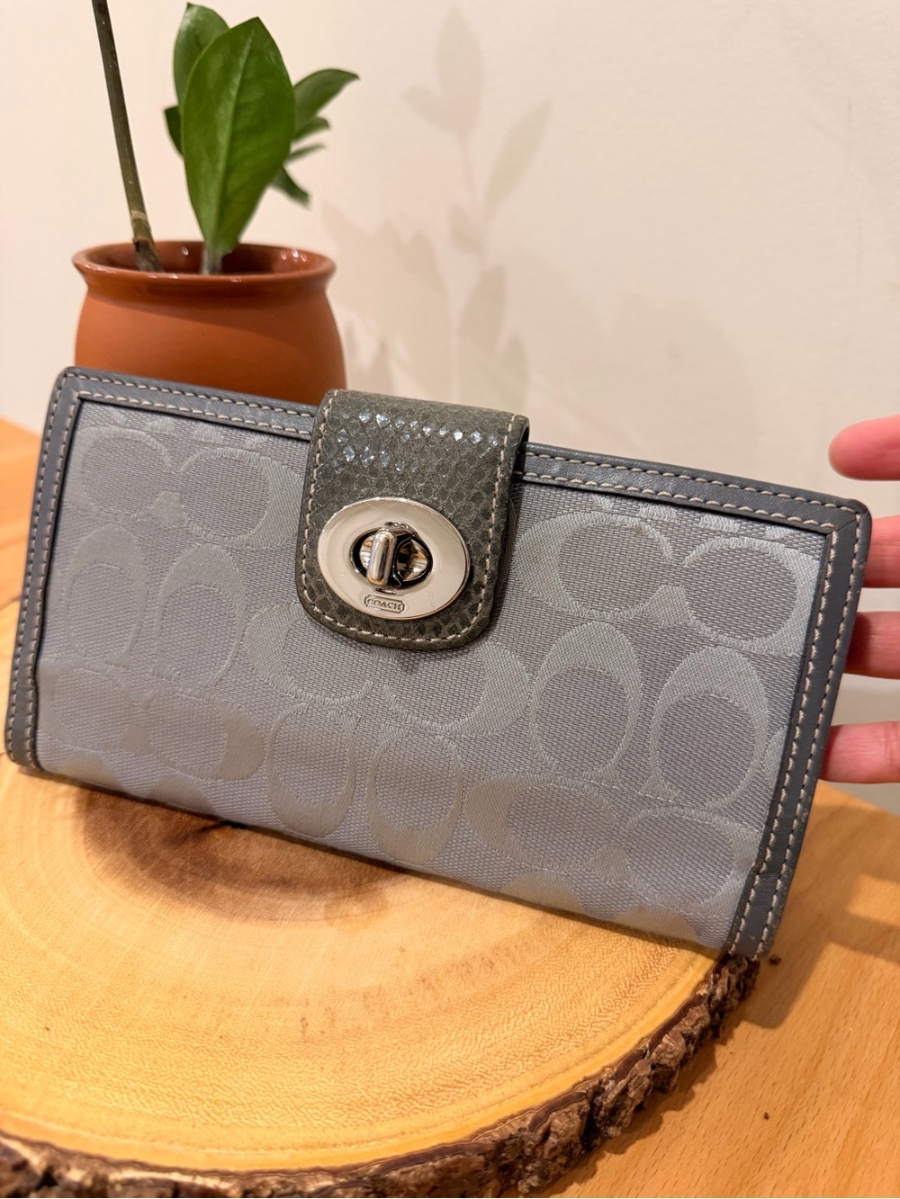 Coach Light Gray Signature Canvas Turnlock Wallet with Dark Gray Tab